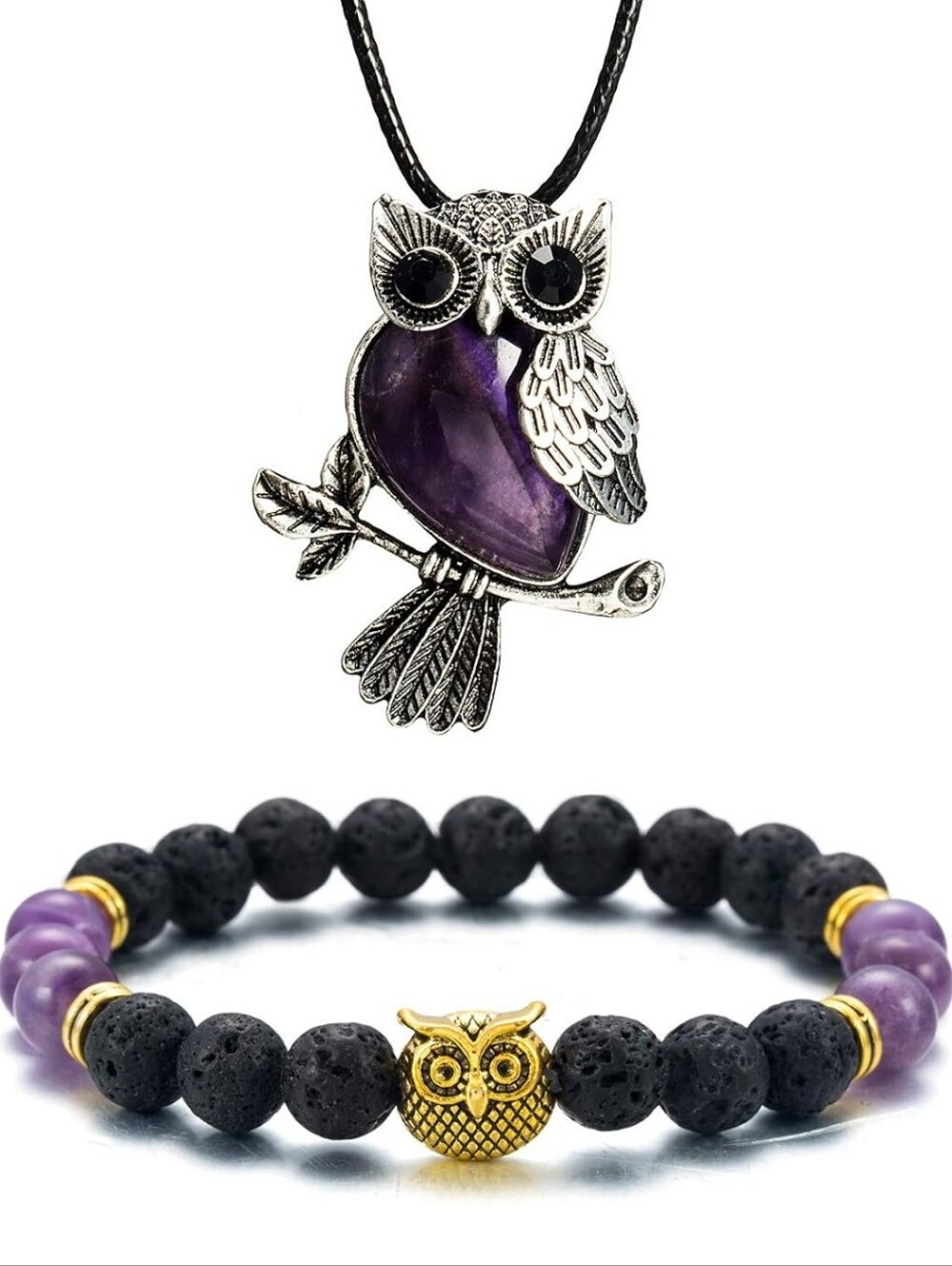 Amethyst Owl Pendant Necklace and Lava Bead Bracelet Set - Purple